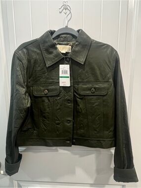 Michael Kors Dark Green Leather Button-Front Jacket